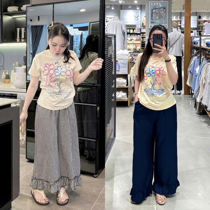 Set Bộ Nữ Áo Cotton Tici In Hình Hoa Mix Quần Suông Bèo Kate Cotton Caro - Xanh Đen Sang Chảnh Bigsize 42-83 KG
