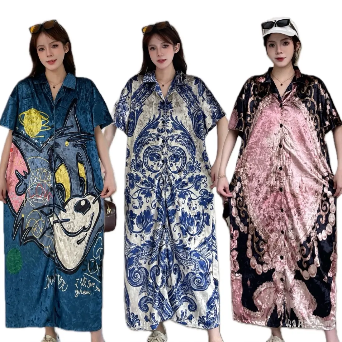 Mspawshop - dress Kancing berkera velvet bludru jumbo Panjang Busui Maxi Motif