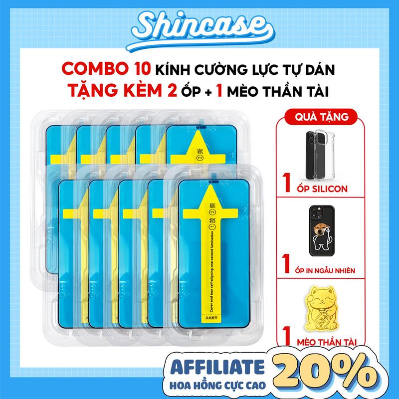 COMBO 10 KÍNH CƯỜNG LỰC TỰ DÁN TRONG 50-5-2 TẶNG 1 ỐP SILICON VÀ 1 ỐP IN NGẪU NHIÊN ,1 MIẾNG DÁN MÈO THẦN TÀI cho iPhone 6 6s 7 8 Plus X XS XR 11 12 13 14 15 16 17 Pro Max Mini