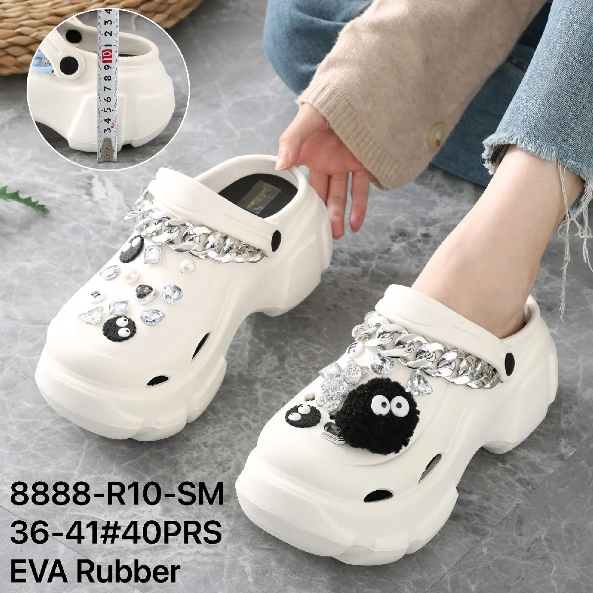 [AURELIO] - Sandal Wanita tinggi 8 cm jibbit domba hitam rante silver eva rubber domba Karet