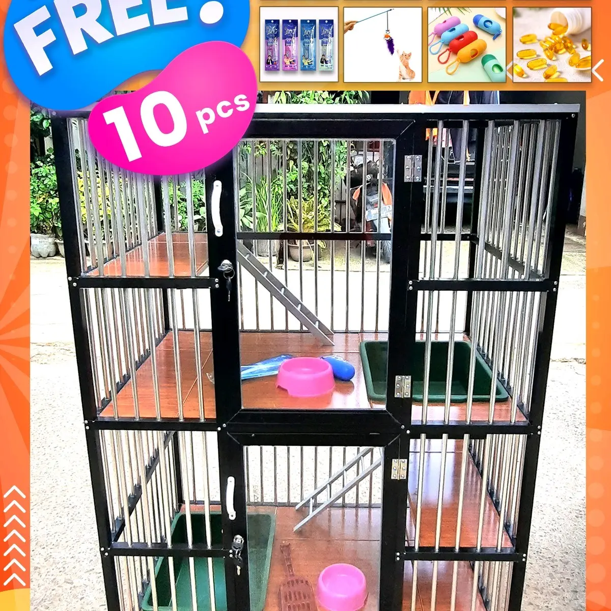 kandanf kucing aluminium 2 pintu tingkat anti karat ringan dan tahan lama mudah dibersihkan cocok untuk indoor / outdoor bonus aksesoris lengkap
