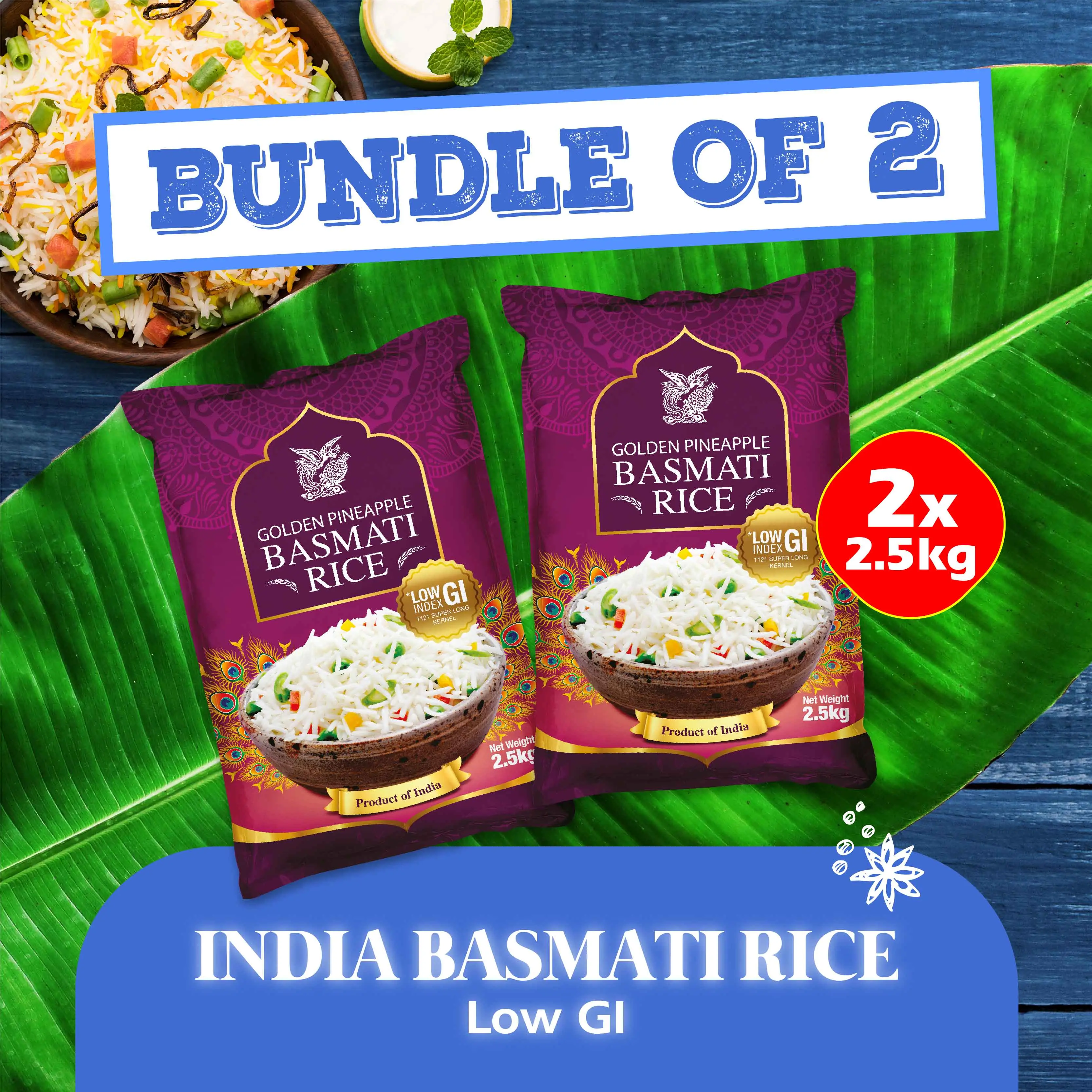 (1+1) Bundle - Golden Pineapple Indian Basmati Rice (Low GI) 2.5kg x 2 (Vacuum Pack***)