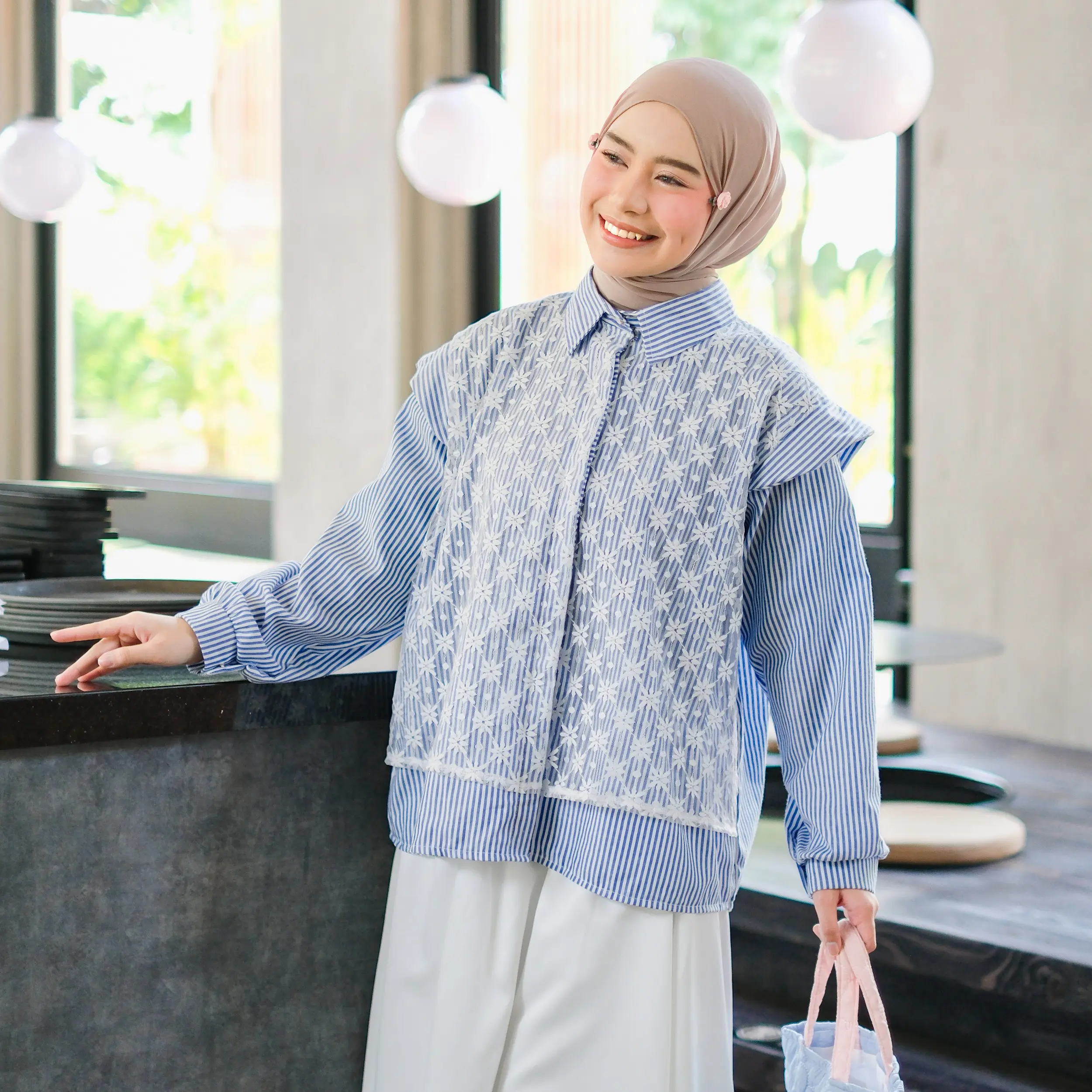 Mybamus Sono Lace Shirt Kemeja Stripe Wanita Layer Tile Blouse Atasan Kondangan Muslim Casual