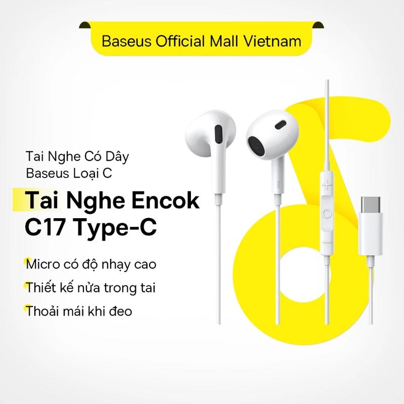 Tai nghe có dây Baseus Encok C17 Type-C hoặc 3.5mm cắm tròn micro có độ nhạy cao cho Iphone Samsung Xiaomi ... thiết kế nửa trong tai thoải mái khi đeo