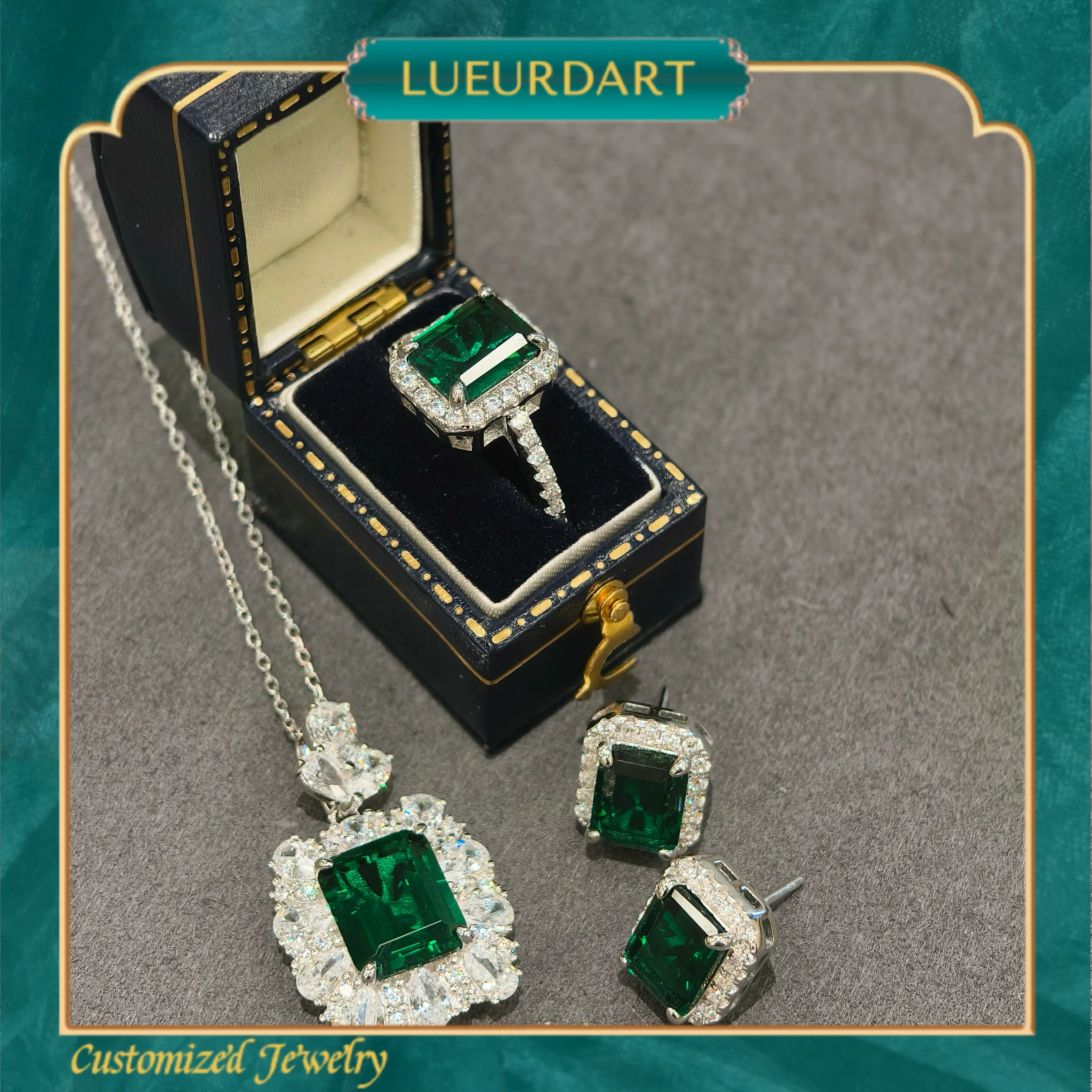 Green ladies fashion design necklace ring earrings 3-piece set s925 Silver