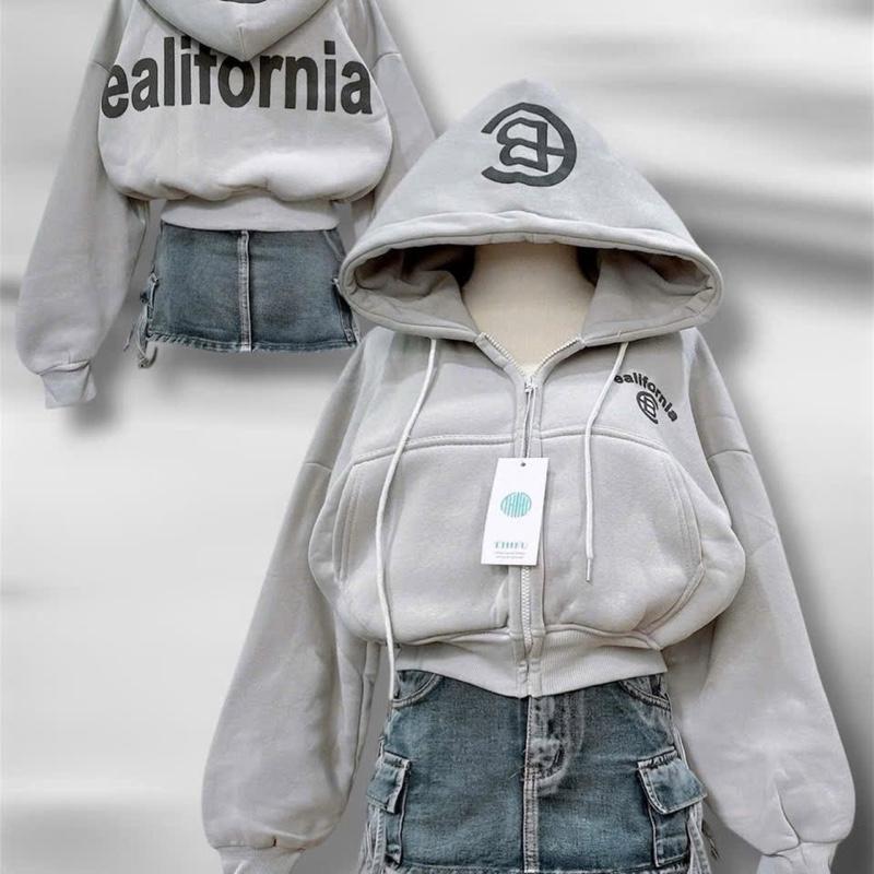  Áo khoác hoodie nữ dáng boxy lửng form rộng tay xỏ ngón có túi ẩn – in chữ B chữ mặt trước sau họa tiết cá tính