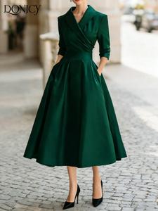 Vestido largo de satín para mujer con peplum y cintura envolvente, elegante vestido de punto de manga corta para oficina, estilo casual empresarial otoño e invierno