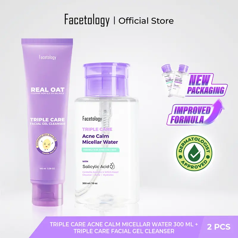 (FLASH SALE) Facetology Bundle Triple Care Micellar Water dan Facial Gel Cleanser 100ML untuk Kulit Wajah Berminyak & Berjerawat, Acid 0
