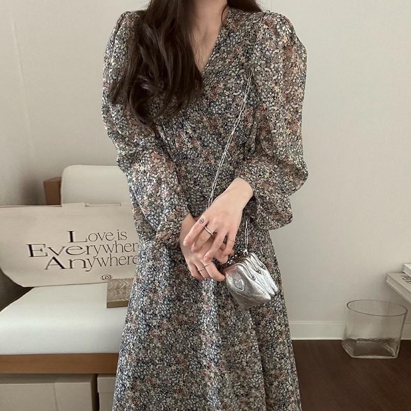 Product Introduction of Gaun Bunga, Gaya Korea, Leher V, Pinggang Retro, Lengan Panjang, Bahan Sifon 20