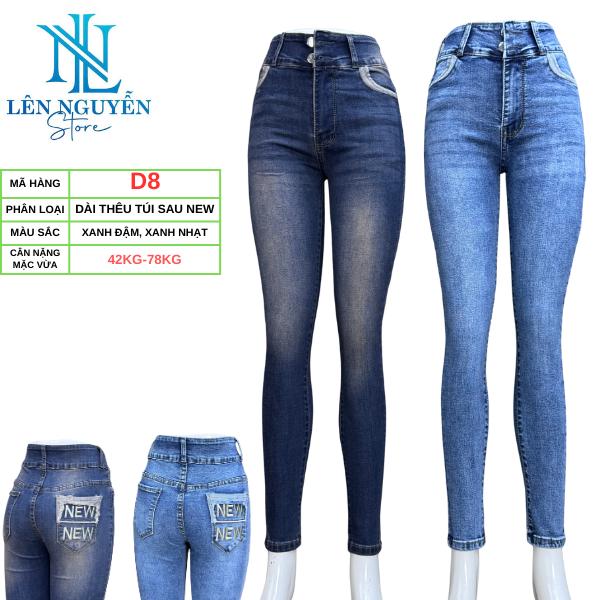 D8 [ Len Nguyen Store ] Quần Jean (Bò) Nữ Dài Dài 95-97cm , Lưng Cao 2 Nút, Màu,Xanh, Size 40kg-80kg, Thiết Kế Thêu Lưng, Co Giãn, Mền Mịn, Bigsize, Hotgirl, Skinny, Ống Ôm, Trẻ Trung, Tự Tin, Dễ Phối Đồ. Women Denim Pants