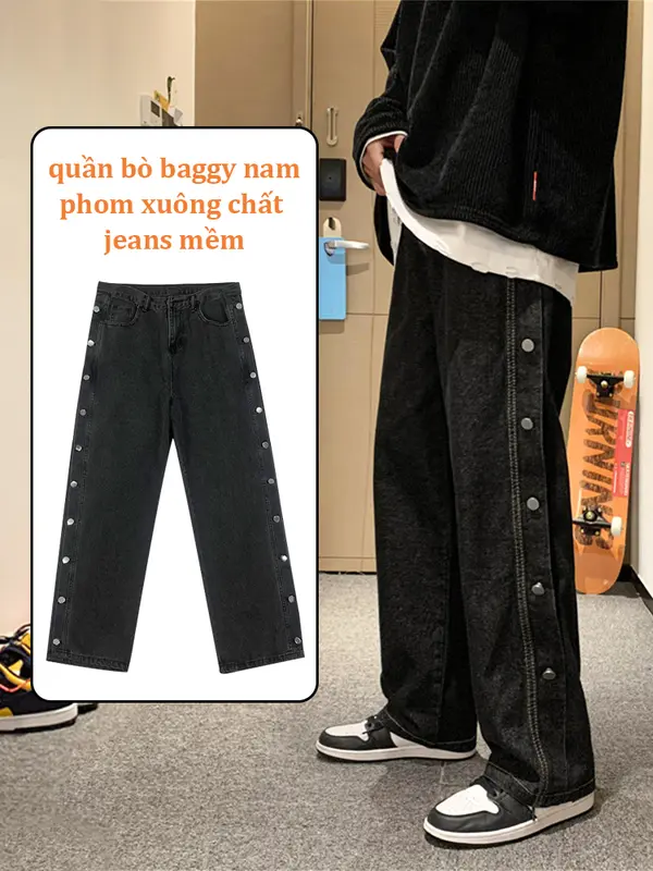 Quần Jean Có Khóa Thương Hiệu Hợp Xu Hướng Của Nam Giới quần jean nam boy phố đen quần jean nam ống suông xịn cao cấp shiny Menswear Pants 4