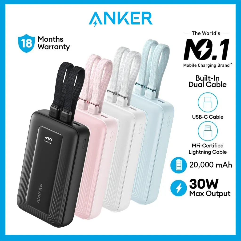 Anker Zolo Powerbank 20000mAh 30W Fast Portable Charger Built-in USB-C Lightning Cables Power Bank Fast Charging A1681