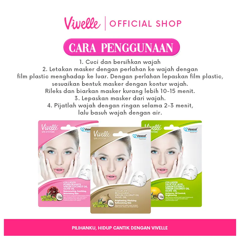 Vivelle Facial Masker Wajah Veocel Sheet Mask Peel Off Hydrate - 1 Sachet - Pomegrante - Rejuvinasikan, mengencangkan dan menutrisi kulit 3