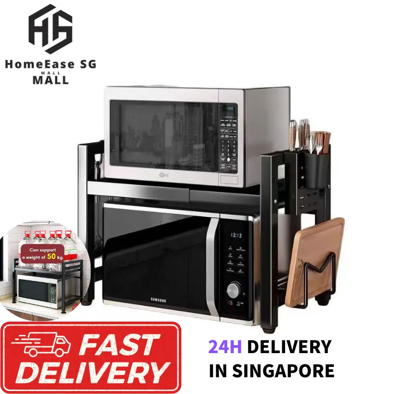 (SG Ready Stock) Microwave Oven Rack Adjustable to fit your Oven Kitchen Rack Storage Shelf Organizer Carbon Steel