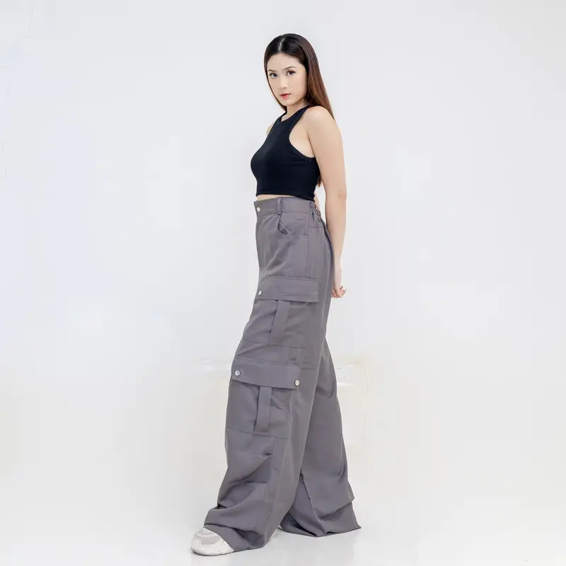 Georgios Women | Aline Pants Vol 2 | Celana Panjang Cargo Korean Wanita Kekinian High Waist Casual Cewek Dewasa Hitam Loose Karet Baggy 1