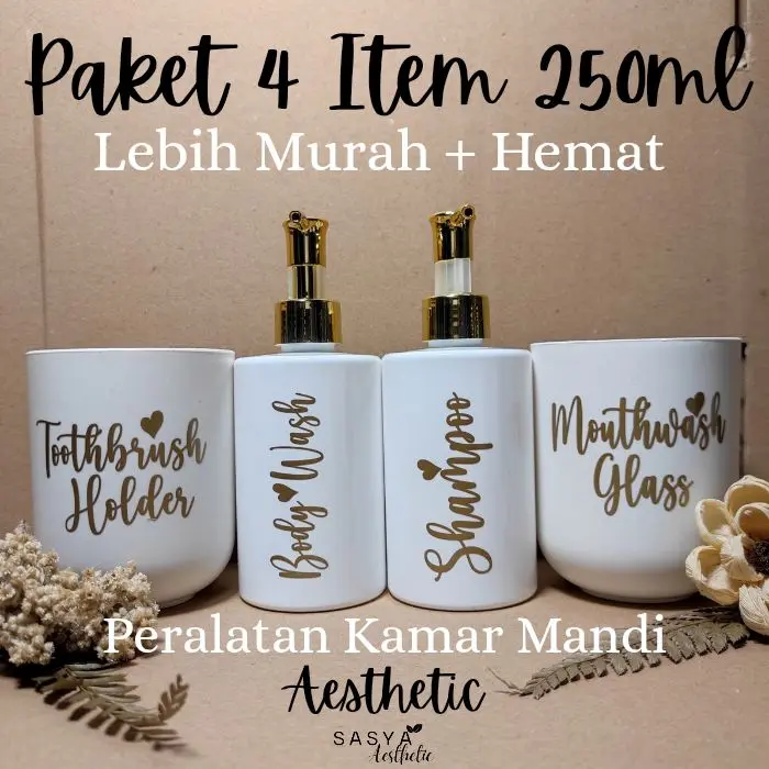 Paket Peralatan Kamar Mandi Botol Sabun & Shampo Pump Plastik Aesthetic Gelas Tempay Sikat gigi dispenser odol Putih Gold & Silver Lebih Murah & Hemat (T1P) 0