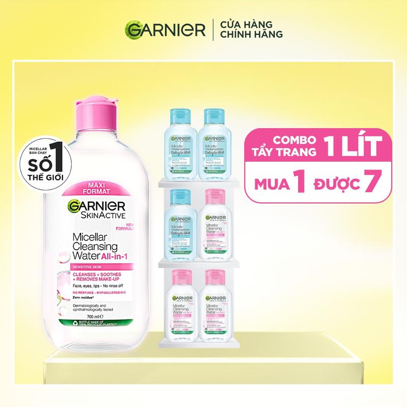 Bộ 1 Lít Nước Tẩy Trang làm sạch sâu dịu nhẹ cho mọi loại da - Garnier Micellar Cleansing Water (700ml + 50mlx6)