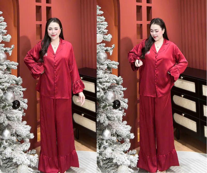 Đồ bộ tay dài quần dài phong cách tiểu thư lụa latin nơ đính đá dành cho nữ có size tới 80kg