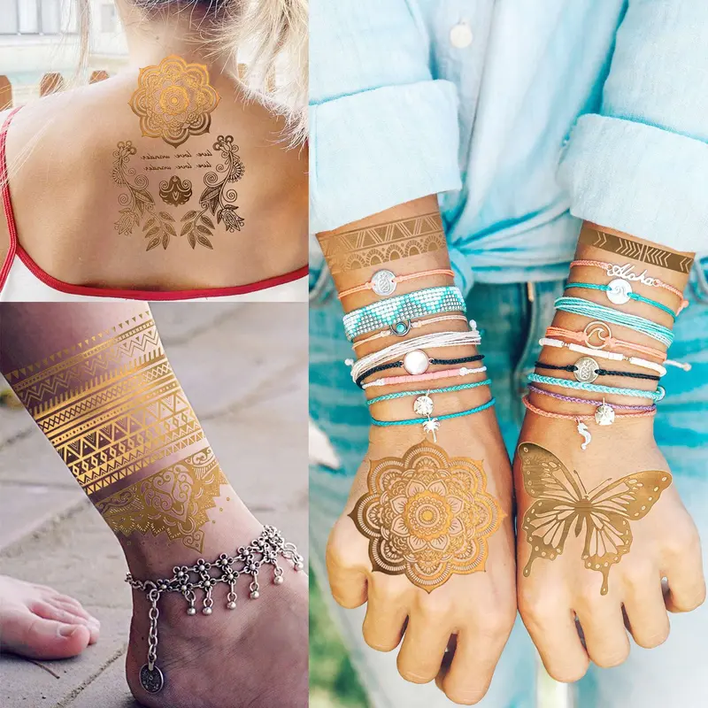 Metallic Temporary Tattoo Sticker, 9 Counts/set Glitter Fake Tattoo Sticker, Body Art Decoration for Women & Girls 6
