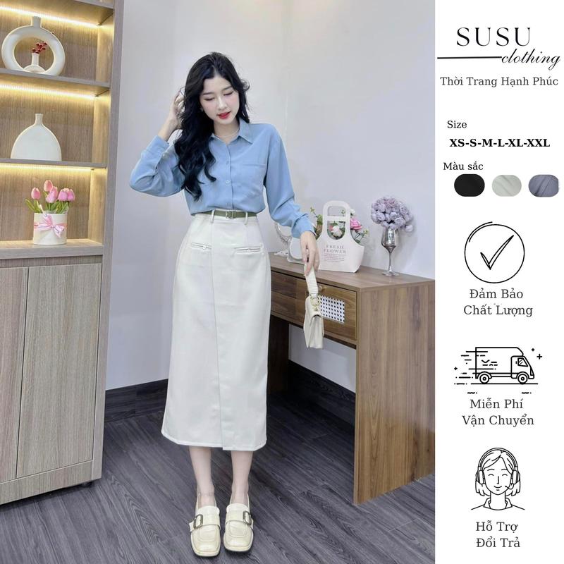  Chân váy SuSu clothing  suông midi dáng dài có tà đắp có túi khóa kéo sau d80cm kèm đai A TÀ CÚC NHỎ 83 Nữ Women 