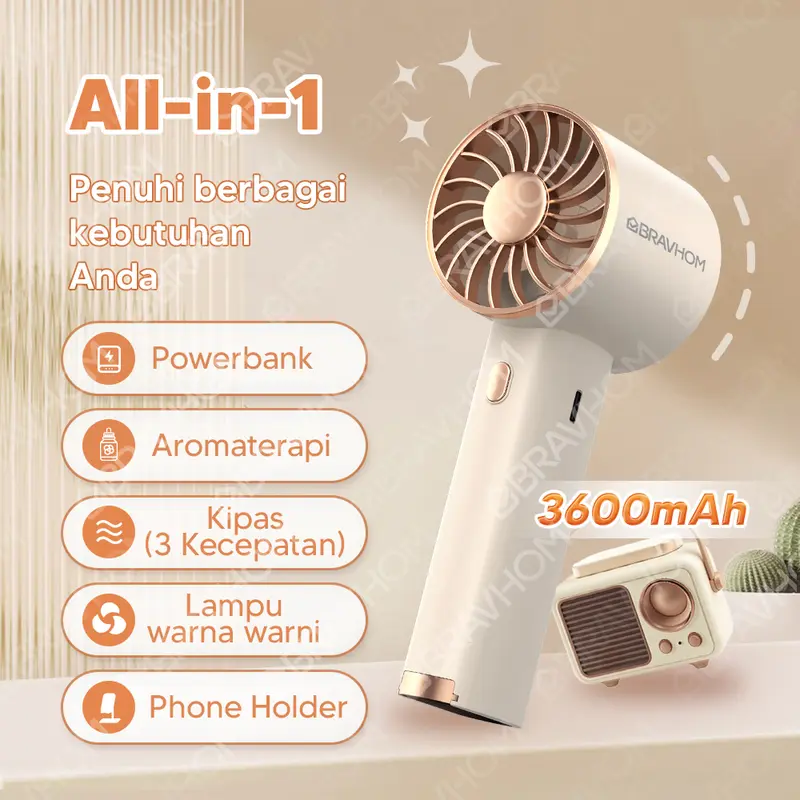(COD)Bravhom Kipas Angin Mini Portable 3IN1 Aromaterapi 3 Kecepatan Lampu Warna Warni Phone Holder FN16 6