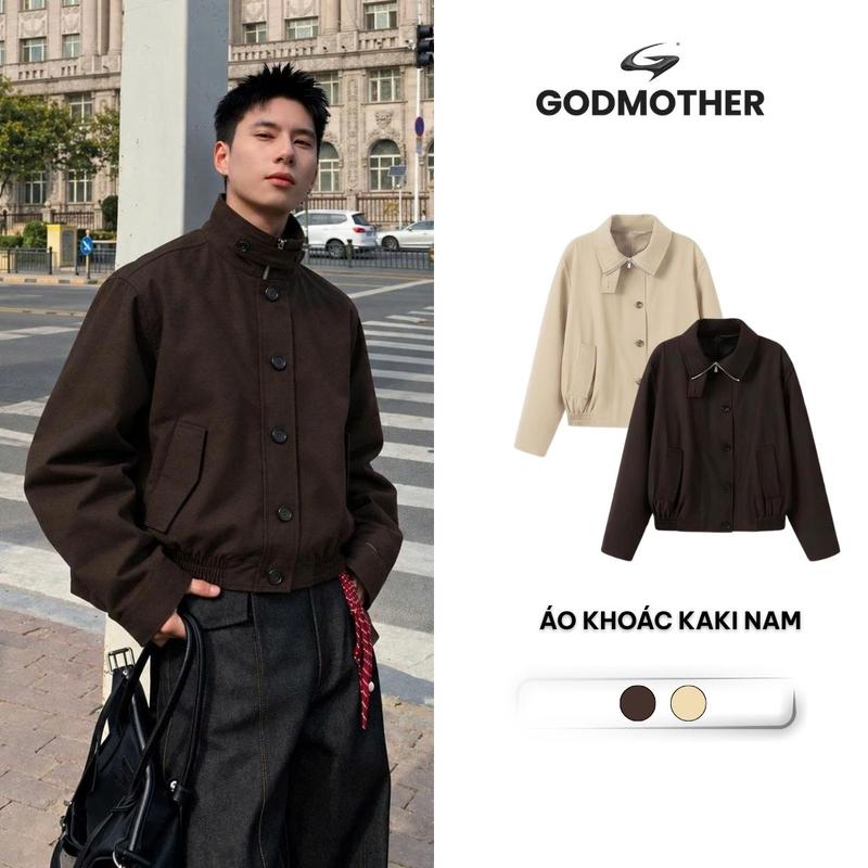 Áo Khoác Kaki Nam GODMOTHER Áo Jacket 2 Lớp Form Rộng Cổ Cao Bo Chun Khóa Kéo Trendy OWF26001