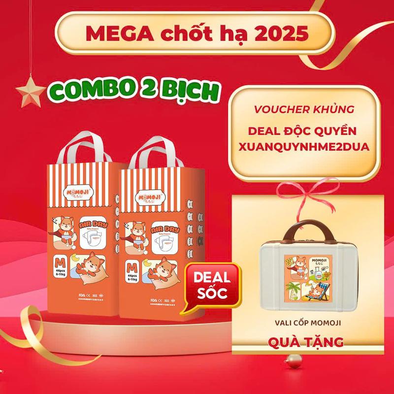  CFV - MXQ  COMBO 2 TÃ BỈM DÁN QUẦN MOMOJI AIR DRY MỎNG MỀM SIÊU KHÔ THOÁNG THẤM HÚT TỐT CHO BÉ - TẶNG VALI CỐP MOMOJI 