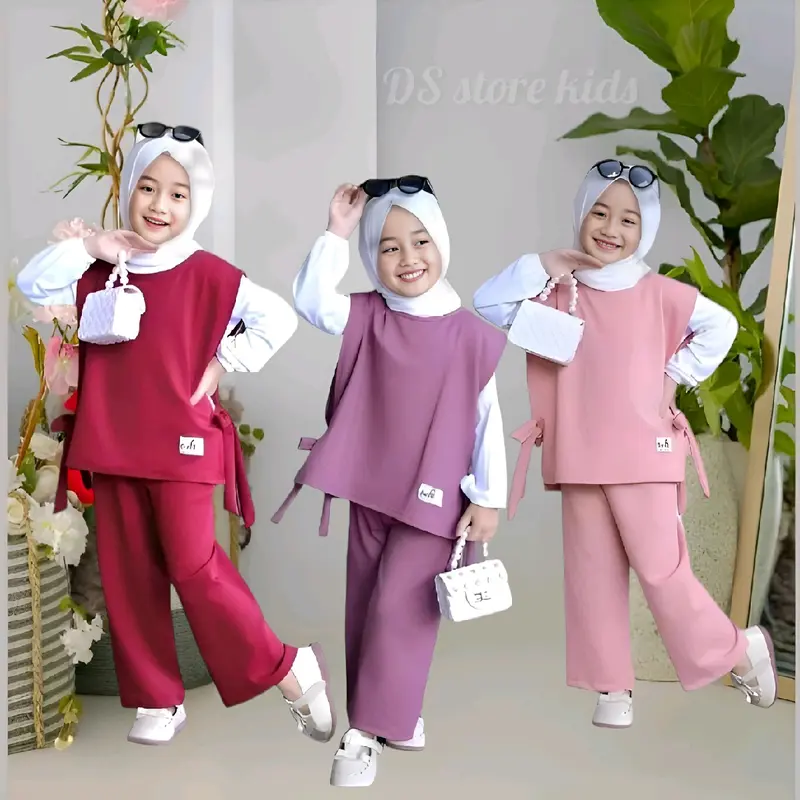 Setelan baju muslim anak perempuan/cewek viral 3-12thn-baju anak terbaru baju anak termurah Nyaman Kaos Panjang Kerudung 0