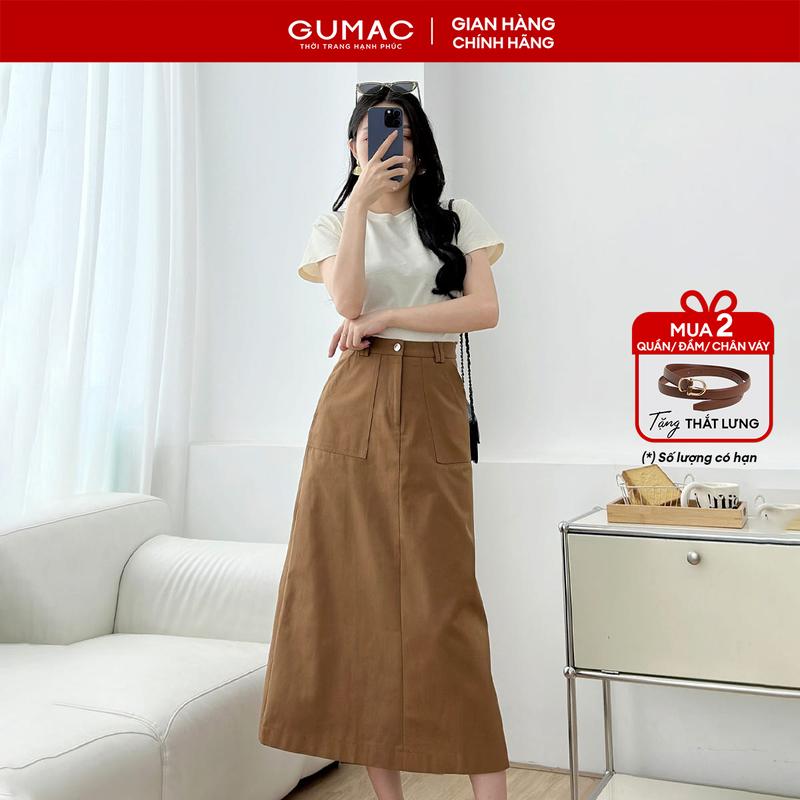 MUA 2 TẶNG THẮT LƯNG Chân váy nữ A midi túi vuông kaki dày dặn màu nâu dễ phối thời trang Gmorning - GUMAC YVF04060