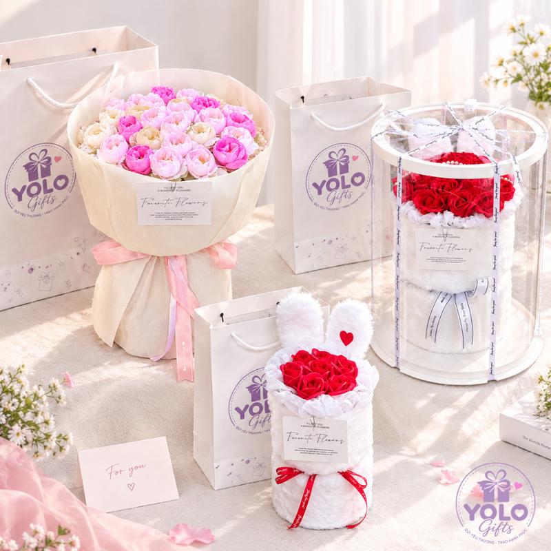 Bó hoa sáp Yolo Gifts tai thỏ siêu dễ thương. set hoa quà tặng người yêu bạn bè 20/10 sinh nhật ngày lễ...valentine, 8/3