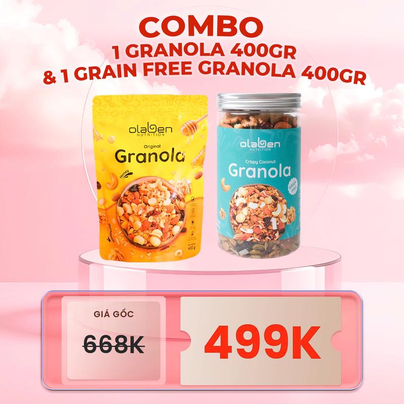 COMBO - 1 Túi Granola 400gram Siêu Hạt Dinh Dưỡng Vị Truyền Thống VÀ 1 Hộp 400gr Granola Không Yến Mạch Mới - Ngũ Cốc Dinh Dưỡng OLABEN NUTRITION