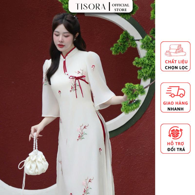 Sét áo dài cách tân dáng suông màu đỏ, be chất tơ thêu hoa đính nơ ngực 4 tà + quần lụa mặc Tết, đi lễ, đi chùa, chụp ảnh, đi tiệc - Size S M L XL XXL XXXL -  Nữ Women