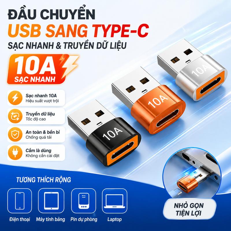 Đầu Chuyển USB Sang Type-C 10A, Hỗ Trợ Sạc Nhanh Và Truyền Dữ Liệu, Tương Thích Rộng, Thiết Kế Nhỏ Gọn, Cắm Là Dùng