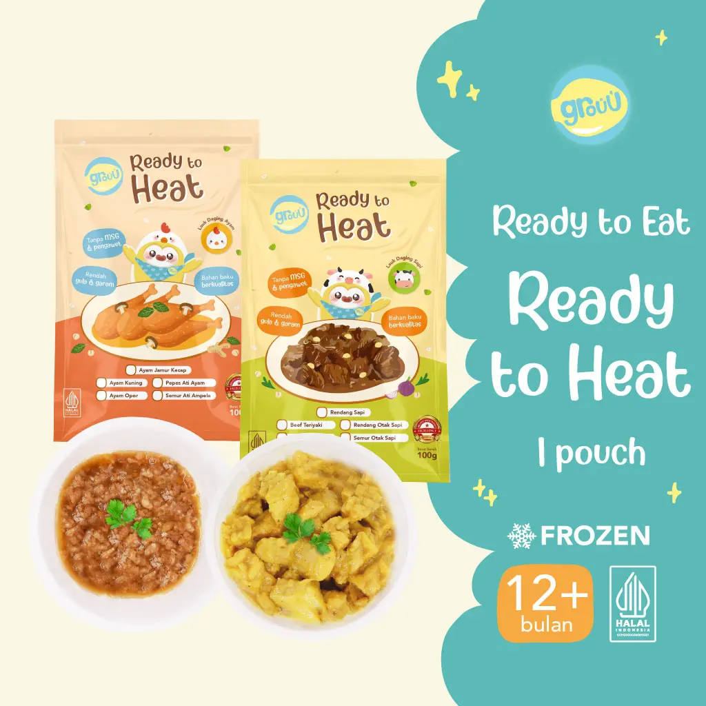 Grouu - Ready To Heat / Siap untuk dipanaskan - Makanan Bayi, Makanan Mpasi, Alami, Tanpa Pengawet (Ayam Kuning, Ayam Opor, Rendang Sapi) Putih Merah Anak-Anak