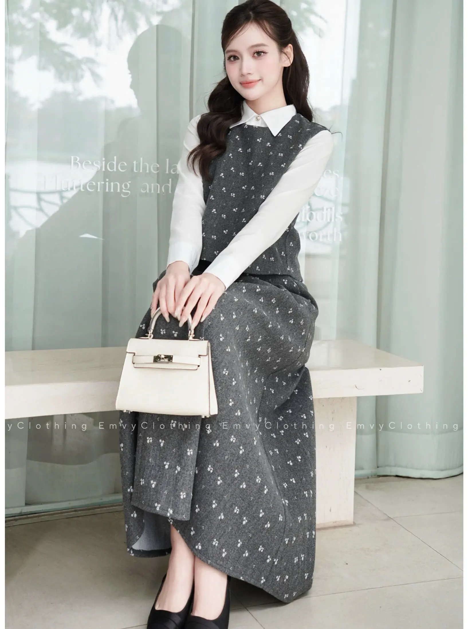 EV111-EmvyClothing Set bộ nhiều chi tiết chất dạ ép in hoa nhí thanh lịch tiểu thư nhiều chi tiết tinh tế chất liệu dạ ép mềm mại in hoa nhí thanh lịch phù hợp cho nhiều dịp | BigBuy360 - bigbuy360.vn