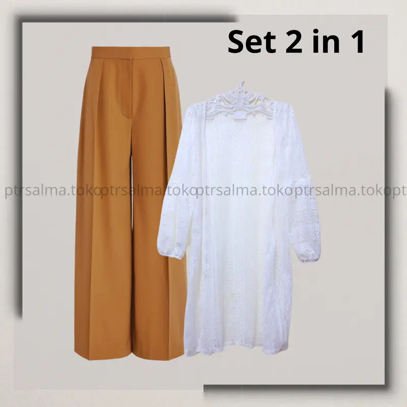 Setelan Stylish 4 in 1 Cardigan Brukat Lengan Panjang  Warna Putih dan Celana Kulot Zipper Mocca -  One Set Terkini - Ready Stok 2