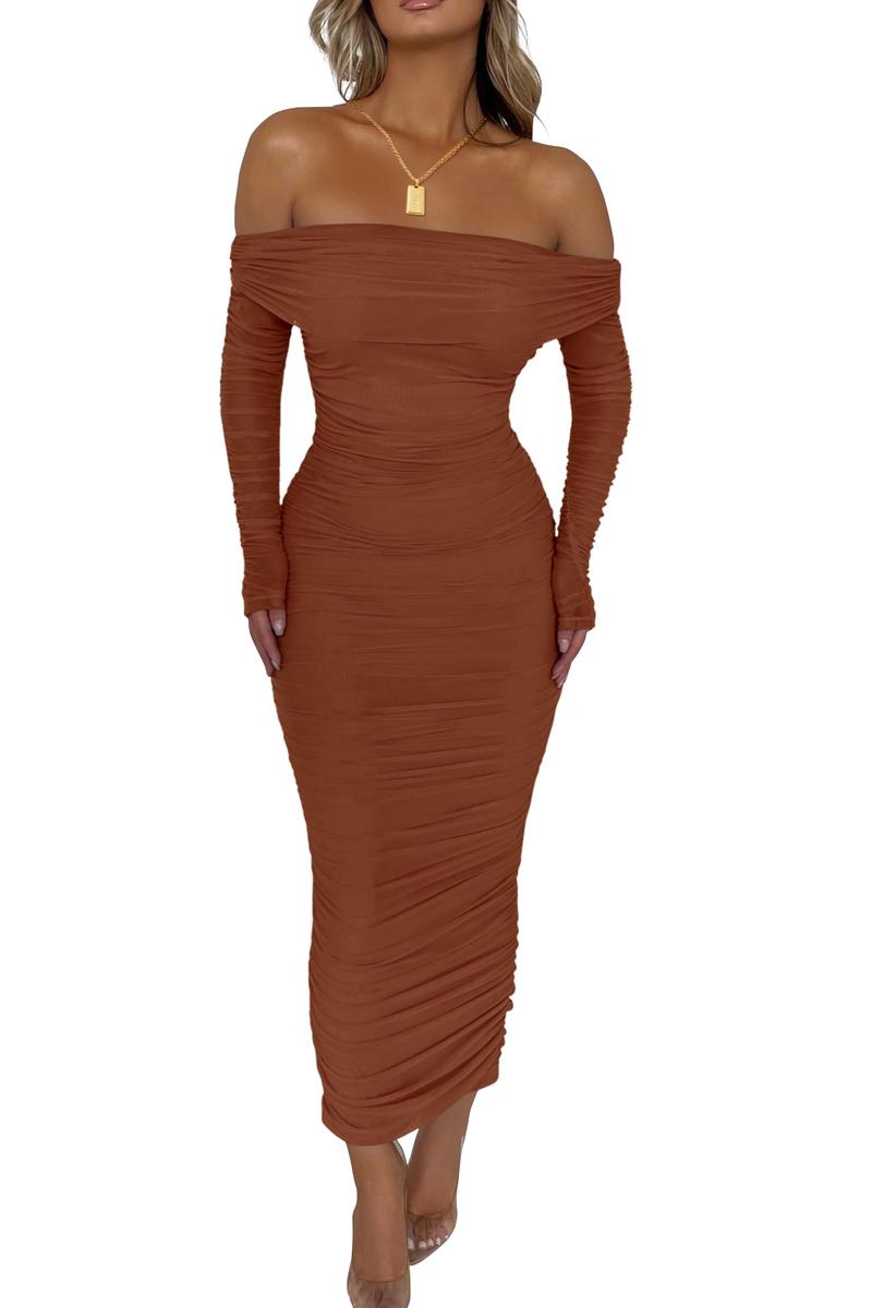 TikTok Shop Women s Fall Off Shoulder Maxi Bodycon Dress Long Sleeve Ruched Fitted Club Dresses with Slit Caramel