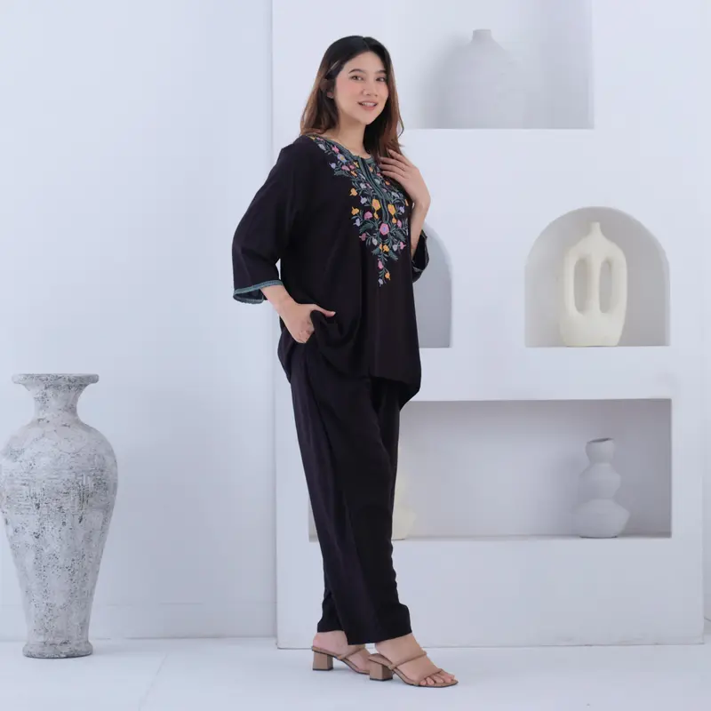 Daster Bordir Oneset Setelan Lengan Panjang Jumbo Busui Friendly Katun Rayon Premium Wanita Lembut Nyaman Piyama Santai Tidur Baju Celana baju  tidur 3