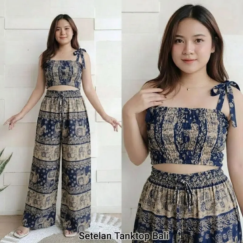 One Set Tanktop & Celana Kulot Panjang Motif Gajah Thailand Rayon Adem variasi 4