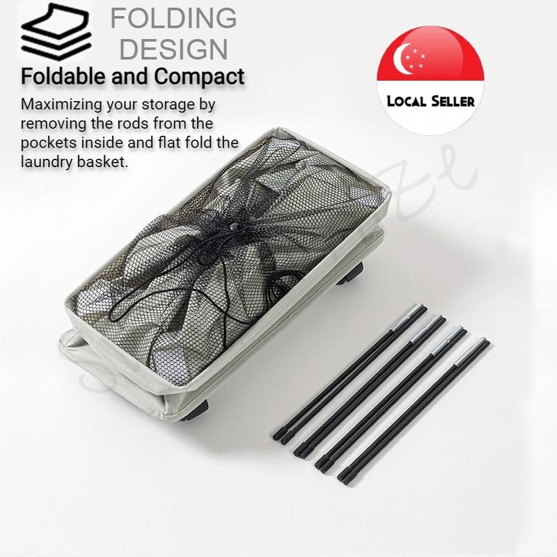 Product Introduction of SG Seller Foldable  Pulley Brake Wheel Laundry Basket Cloth Waterproof with Universal Wheel Steel Rod yoga mat storage Organiser 9