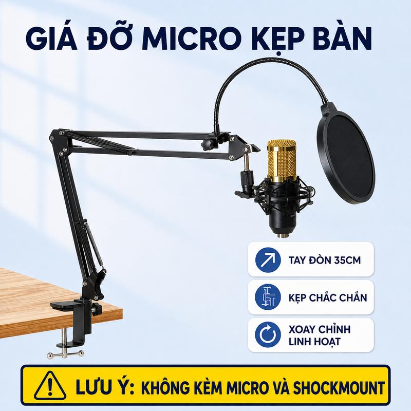 Chân Đế Kẹp Bàn Gắn Micro Livestream Ren 3/8 Và 5/8 Inch, Tải Tối Đa 1,2kg, Tùy…