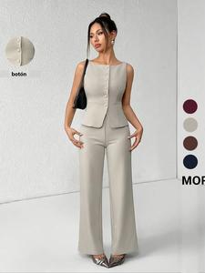 Conjunto de top tipo tank y pantalones de pierna ancha con frente con botones para mujer, conjunto de dos piezas casual y de moda para verano, ropa de mujer para uso diario, trajes, atuendos para sirenas de oficina
