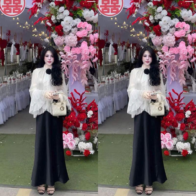 New Sét áo Sơmi dài tay phối voan tơ trẻ trung họa tiết Đính hoa Trà Mix Chân Váy Đuôi Cá tôn dáng Qúy Phái "lisa dress" WOMEN TOP - Dành Cho Nữ "Helisa"