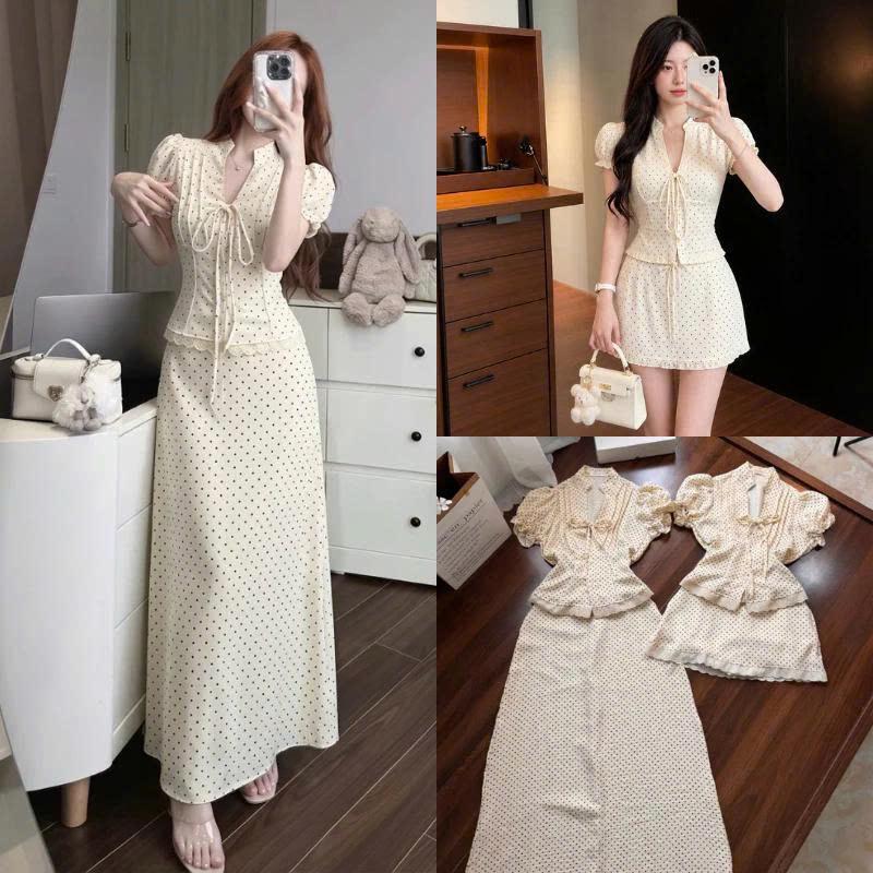 Set Váy Chấm Bi Áo Sơ Mi Cổ V Phối Viền Ren Kèm Chân Váy Dáng Dài Tiểu Thư MS161