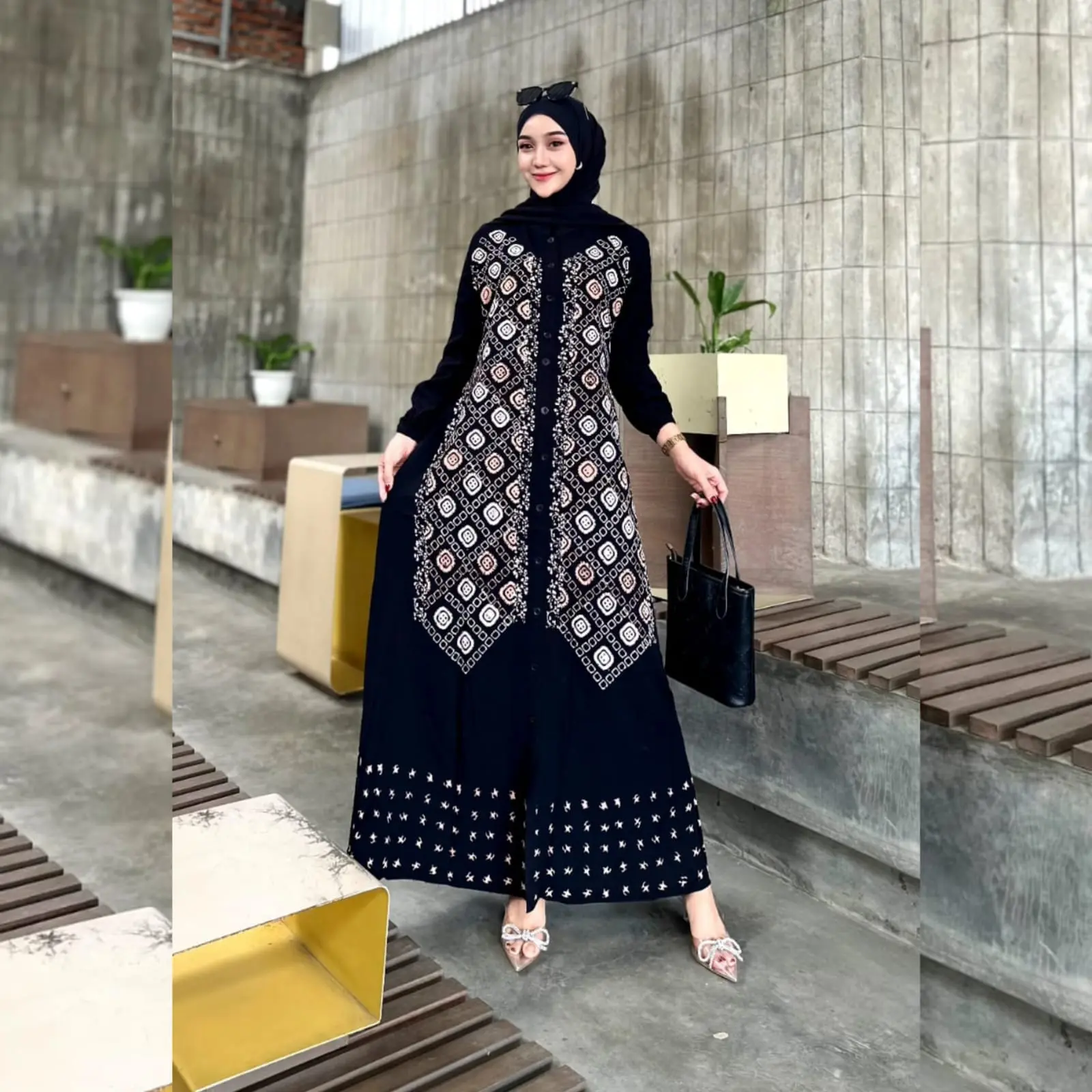 Naya Batik - Gamis Twill Terbaru Pekalongan Motif Garis Cap Malaman Bukan Sablon Dress Muslim Wanita Rempel Bawah Lengan Karet Tali Samping Full Kancing Katun Rayon Kotak