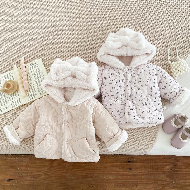 Áo Khoác Em Bé Gái, Dành Cho Bé 0-3 Tuổi, Áo Mặc Bên Ngoài Mùa Đông, Làm Bằng Lông Cừu, Nhồi Bông Và Ấm Áp, Dài Tay, Có Nơ Và Mũ, Quần Áo
