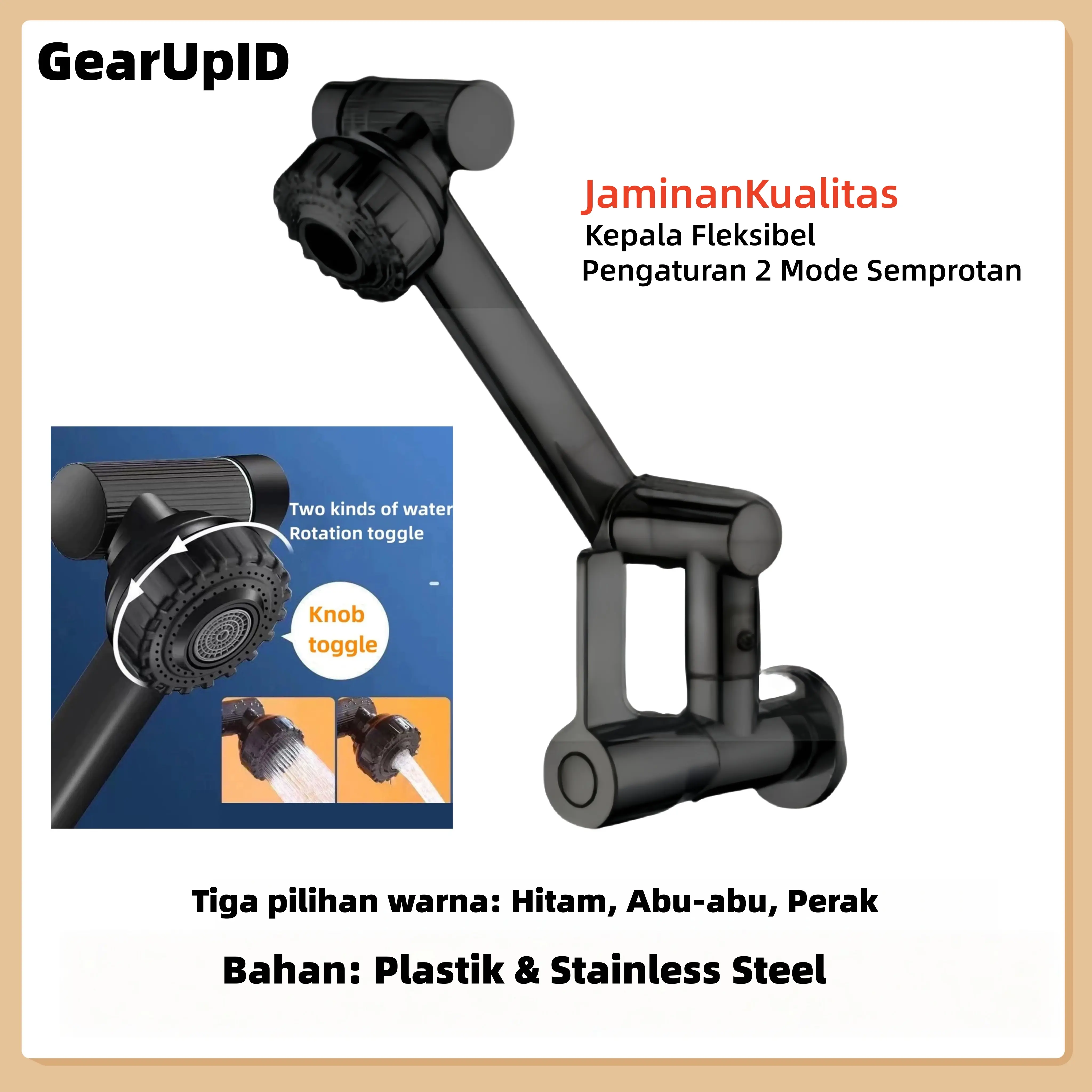 Keran Air Fleksibel / 1800° Putar – Panas Dingin – 2 Mode Semprotan – Kran Dapur, Wastafel & Kamar Mandi
