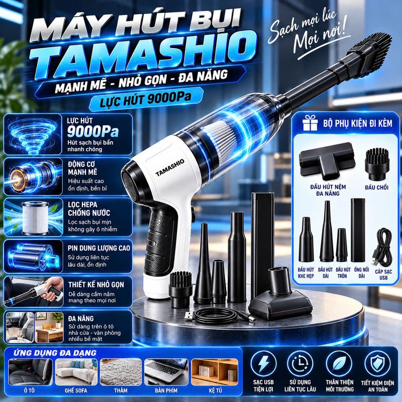 [ CÓ ĐẦU HÚT NỆM ] Máy Hút Bụi Cầm Tay Mini Không Dây TAMASHIO 8 Đầu Hút, Hút Lông Chó Mèo , Hút Bụi Ô Tô, Giường Nệm