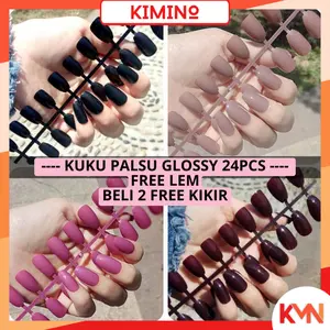 KMN Set 24 Kuku Palsu Glossy FREE LEM Kuku Palsu Tangan Polos Panjang Fake Nails Nail Art Manicure