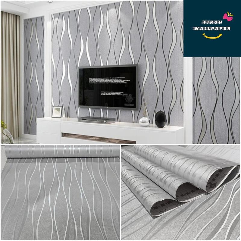 beli 5 gratis 1 Wallpaper Sticker Dinding polos abu salur silver mewah wallpaper kamar tidur ruang tamu murah 0